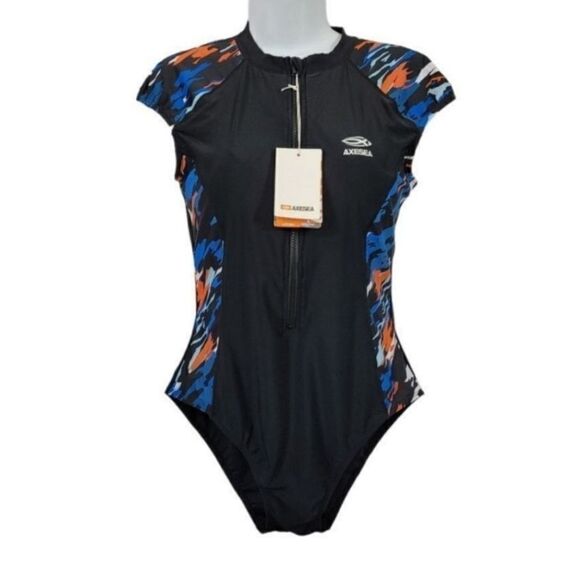NEW Axesea Tide Front Zipper Retro One Piece Swimsuit in Sun Song Black Size 12 - Picture 3 of 11